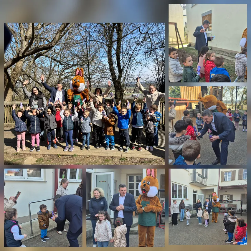 Mehrere Fotos von Kindern, Erwachsenen und einer Maskottchen, die sich vor einem Gebäude und in einem Park versammeln, einige machen Fotos.