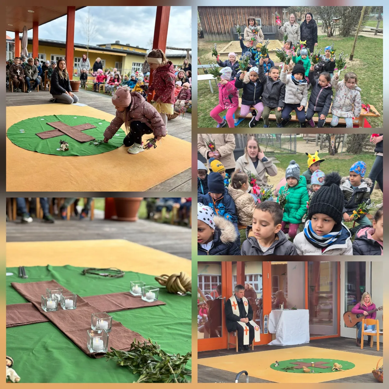 Eine Collage von Bildern zeigt Kinder bei einer religiösen Veranstaltung. Sie sind zu sehen, wie sie knien, Blumen halten und ein Kreuz mit Kerzen dekorieren.