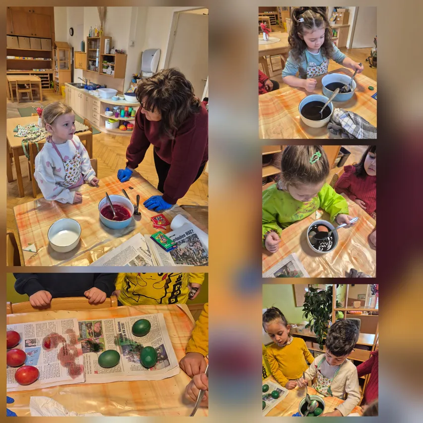 Eine Collage von Bildern, die Kinder und Erwachsene in einem Klassenzimmer zeigt, die an einer Kunstaktivität beteiligt sind, wobei sie Schüsseln mit farbiger Flüssigkeit und Zeitungen verwenden.