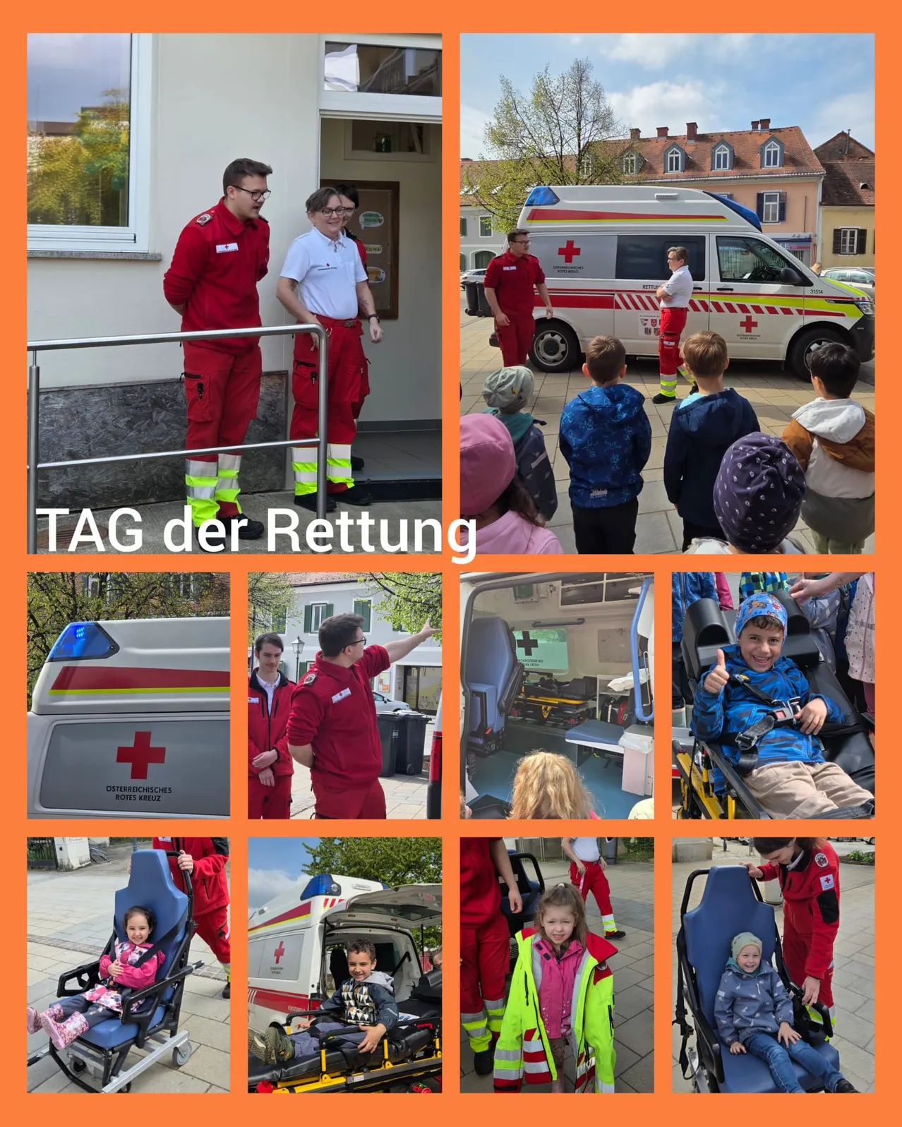 Eine Collage von Fotos mit Rettungskräften, Kindern und einem Krankenwagen. Ein Kind wird von Rettungskräften in einem Stuhl getragen.