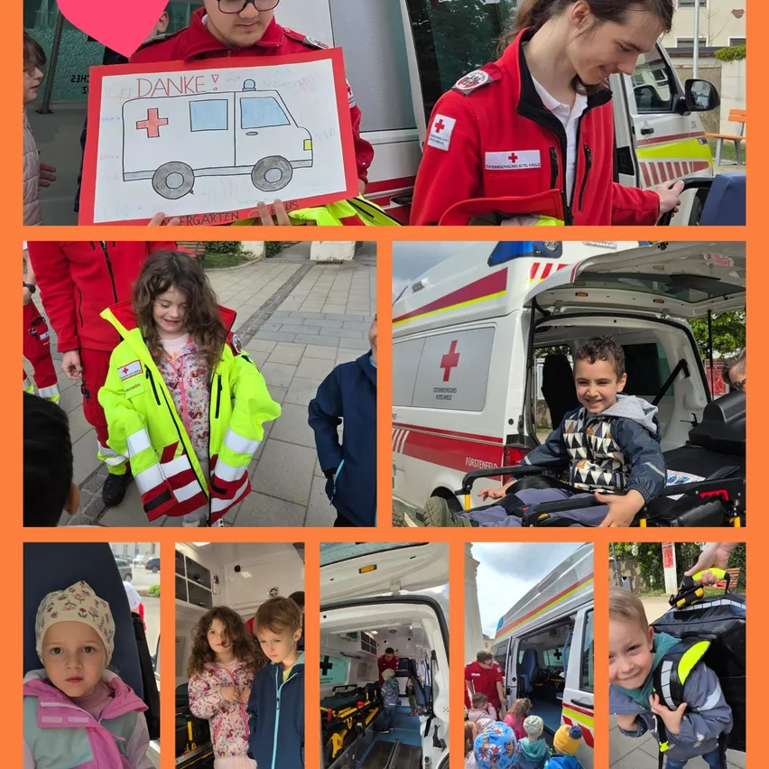 Eine Collage von Kindern in roten und gelben Sicherheitsjacken und einem Krankenwagen. Das Foto oben links zeigt ein Kind, das ein Schild hält, während das Foto oben rechts einen Erwachsenen zeigt, der eine Krankenwagentür öffnet. Andere Bilder zeigen Kinder im und außerhalb des Krankenwagens.