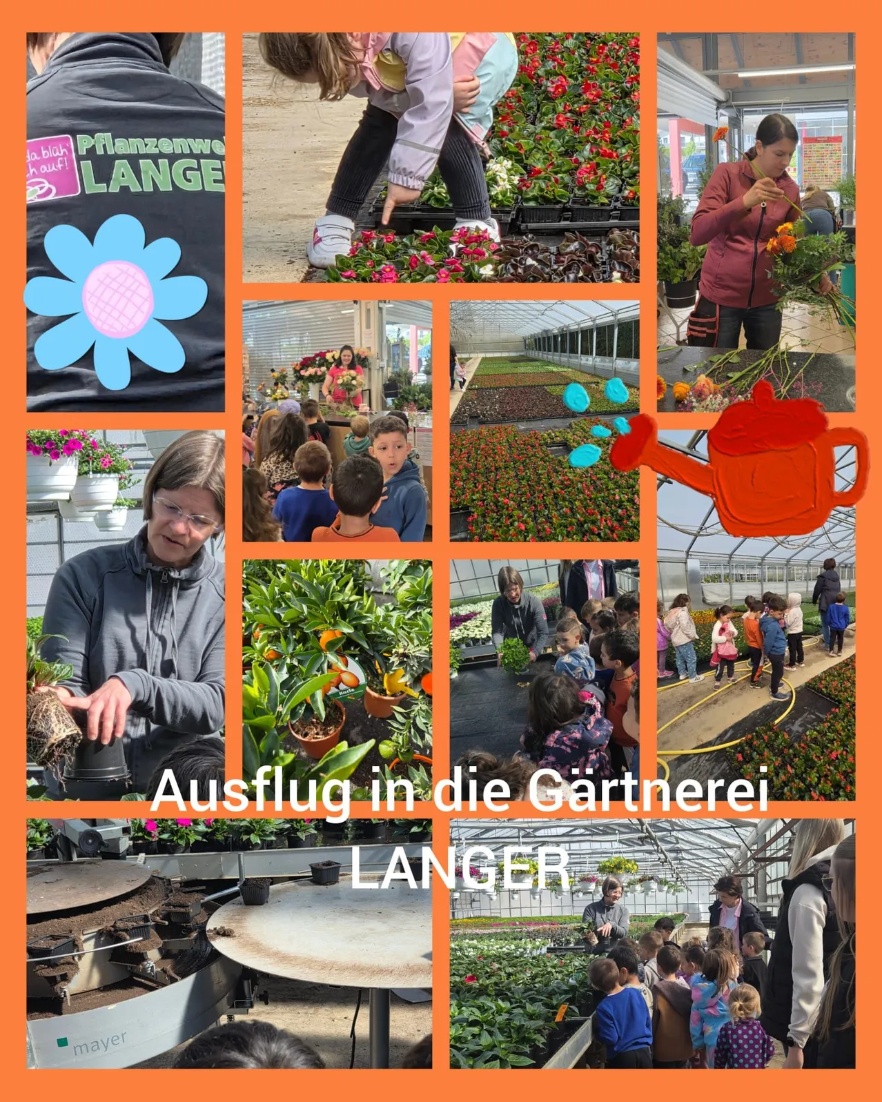 Eine Collage von Bildern, die eine Gärtnerei mit Menschen beim Gärtnern zeigt. Eine Person gießt Blumen und eine andere hält eine Pflanze. Kinder sind beim Spielen mit Pflanzen zu sehen. Der Titel lautet 'Ausflug in die Gärtnerei'.