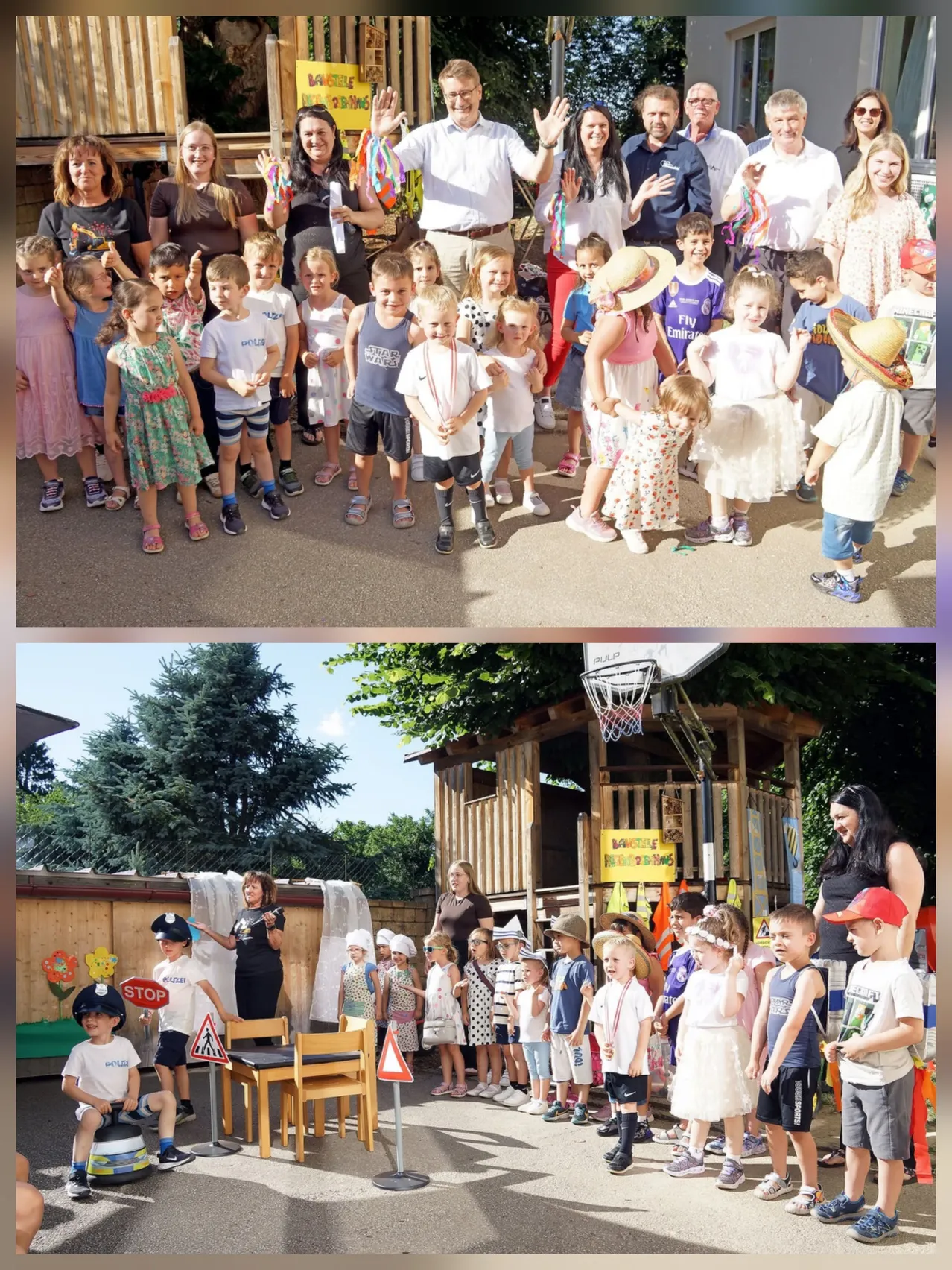 Eine Collage aus zwei Bildern. Das obere Bild zeigt eine Gruppe von Kindern und Erwachsenen, einige tragen Hüte. Das untere Bild zeigt Kinder in Uniformen mit einer Frau, einem kleinen Basketballplatz und einem Holzhaus.