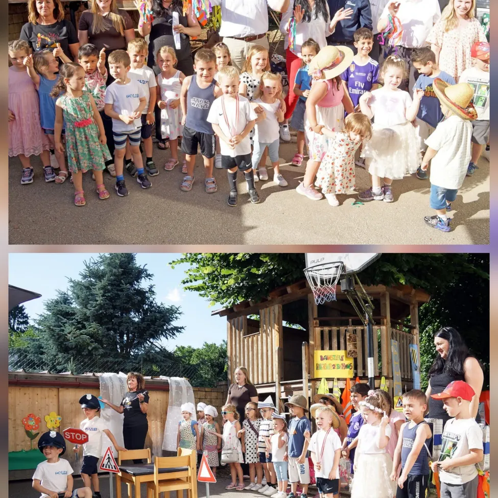 Eine Collage aus zwei Bildern. Das obere Bild zeigt eine Gruppe von Kindern und Erwachsenen, einige tragen Hüte. Das untere Bild zeigt Kinder in Uniformen mit einer Frau, einem kleinen Basketballplatz und einem Holzhaus.
