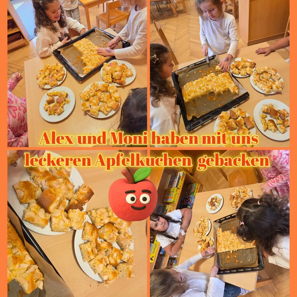 Eine Gruppe von Kindern bereitet und isst Apfelkuchen im Klassenzimmer.