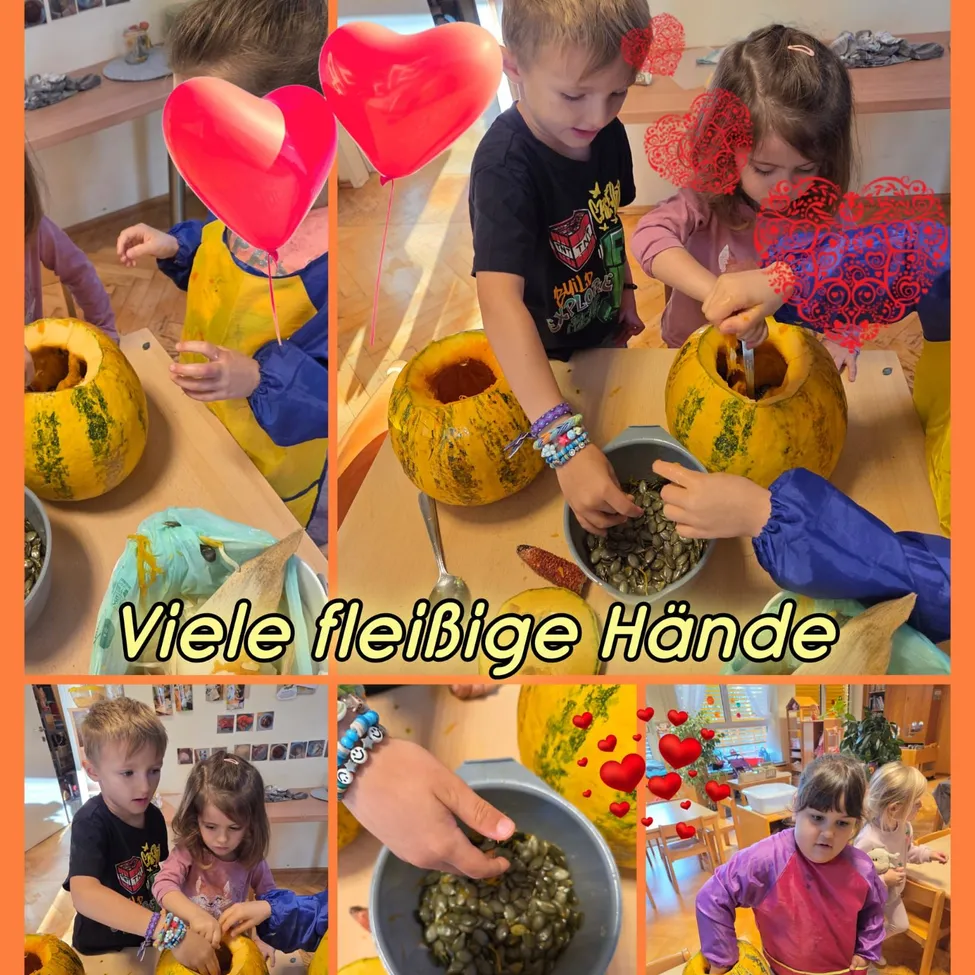 Ein Collage von Kindern, die Samen aus Kürbissen schöpfen.