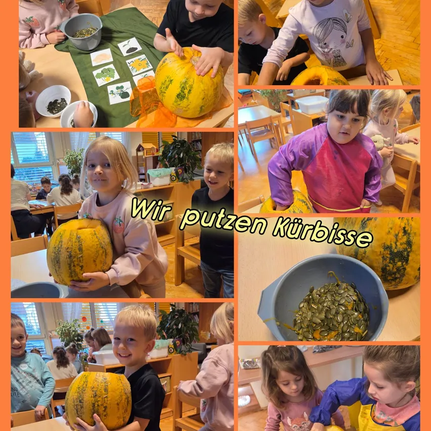 Eine Collage von Kindern, die Kürbisse schnitzen. Die Kürbisse sind gelb mit grünen und orangefarbenen Designs. Die Kinder tragen verschiedene Kleidungsstücke und einige haben Schürzen.