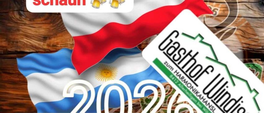 Plakat für eine WM 2026-Ansichtsveranstaltung. Es zeigt die Flaggen von Polen und Argentinien, zwei Biergläser und einen goldenen Fußball. Die Zeit ist 18:45 und der Ort ist im Garten.