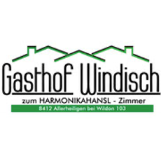Gasthof Windisch Logo mit einem stilisierten Haus mit grünem Dach, in Allentsteig, Österreich. Adresse und Kontaktinformationen angegeben.