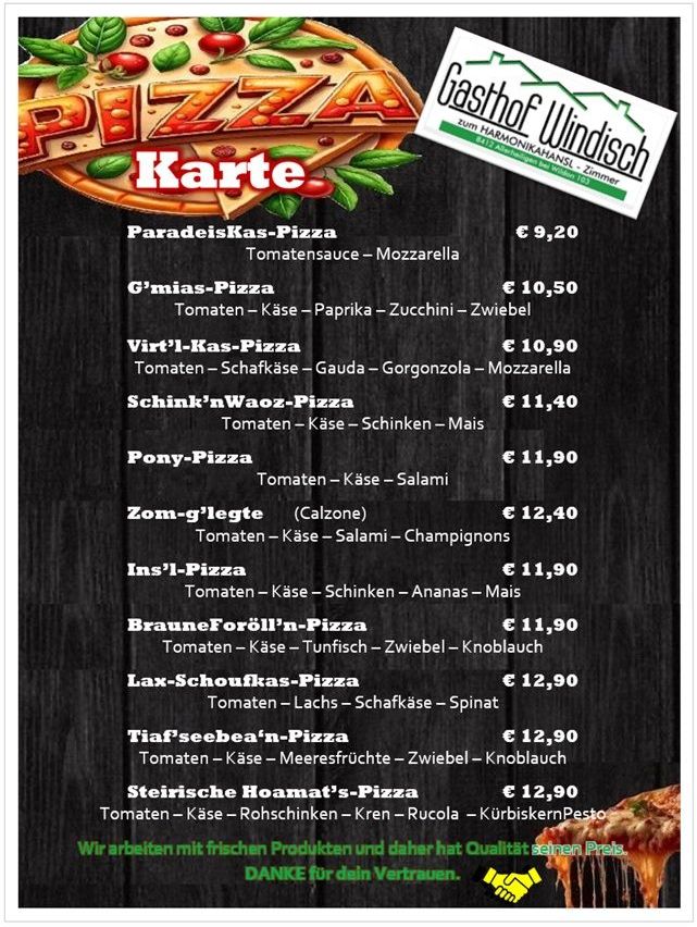 Eine Speisekarte des Gasthof Windisch mit verschiedenen Pizza-Optionen, Zutaten und Preisen. Die Speisekarte ist auf einem dunklen Hintergrund mit einem Pizza-Bild in der oberen linken Ecke dargestellt.