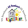 Logo für die Kunterbunt Schule, ein buntes und verspieltes Design mit einem Haus, einer Sonne und den Worten "Schule Kunterbunt" in einem Regenbogenfarbschema geschrieben.