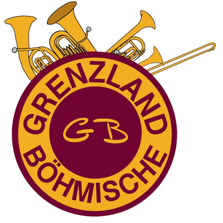 Das Logo für Grenzland Böhmische CB zeigt Musikinstrumente, einschließlich Trompeten und Posaunen, angeordnet um ein kreisförmiges Emblem mit dem Text Grenzland Böhmische CB in Gelb auf einem burgunderroten Hintergrund.