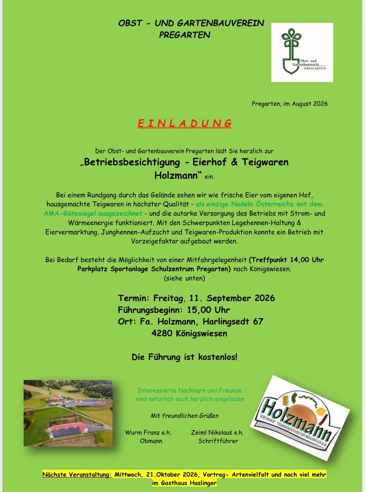 Einladung zur Besichtigung des Pregarten-Bauernhofs im August 2026, mit Rundgang durch das Gelände, Eierproduktion und Eierprodukte. Der Hof nutzt erneuerbare Energien, hat ein Abfallmanagementsystem und produziert Eier und Eierprodukte. Die Führung ist kostenlos und kann am 11. September 2026 um 15 Uhr besucht werden.