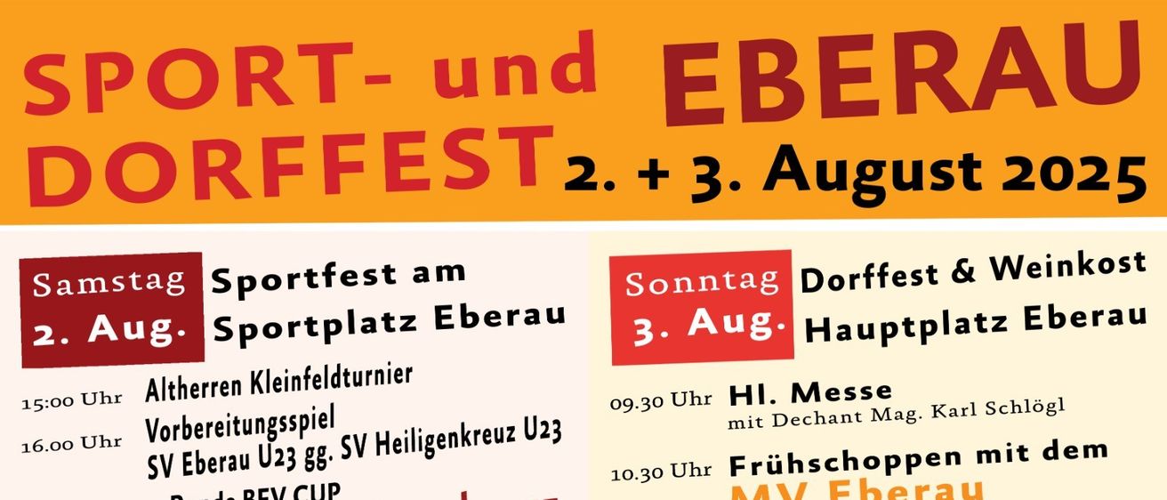 Ein Plakat für das Dorffest und Sportfest am 2. und 3. August mit Informationen zum Zeitplan und zu den Aktivitäten.