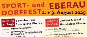 Ein Plakat für das Dorffest und Sportfest am 2. und 3. August mit Informationen zum Zeitplan und zu den Aktivitäten.