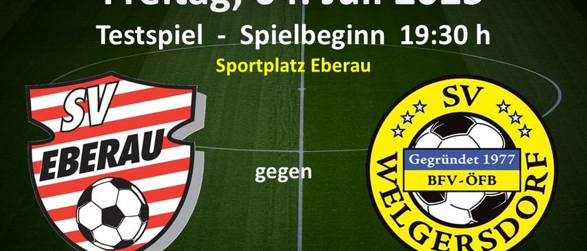 Ein Fußballfeld zeigt zwei Team-Logos. SV Eberau trifft auf BFV-ÖFB. Das Spiel beginnt am 4. Juli 2025 um 19:30 auf dem Sportplatz Eberau.