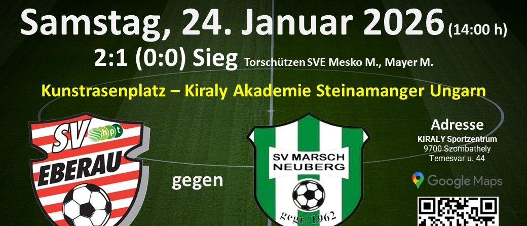 Ein Fußballspiel ist für den 24. Januar 2026 angesetzt. Die Teams sind SV Eberau und SV Neuberg. Das Ergebnis ist 2:1. QR-Code vorhanden.