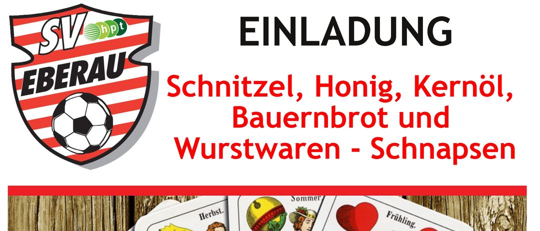 An event poster features playing cards with seasonal illustrations. It reads 'FREITAG, 20. Februar 2026' and 'Sportkabine SV Eberau'. The event starts at 15:00 and costs 5.00 Euros.