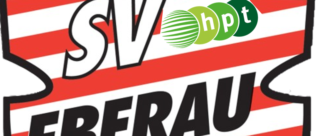 Das Bild zeigt das Logo von SV Eberau mit einem Fußball im Zentrum und dem Wort Eberau in fetten schwarzen Buchstaben. Das Logo ist auf einem rot-weiß gestreiften Hintergrund.