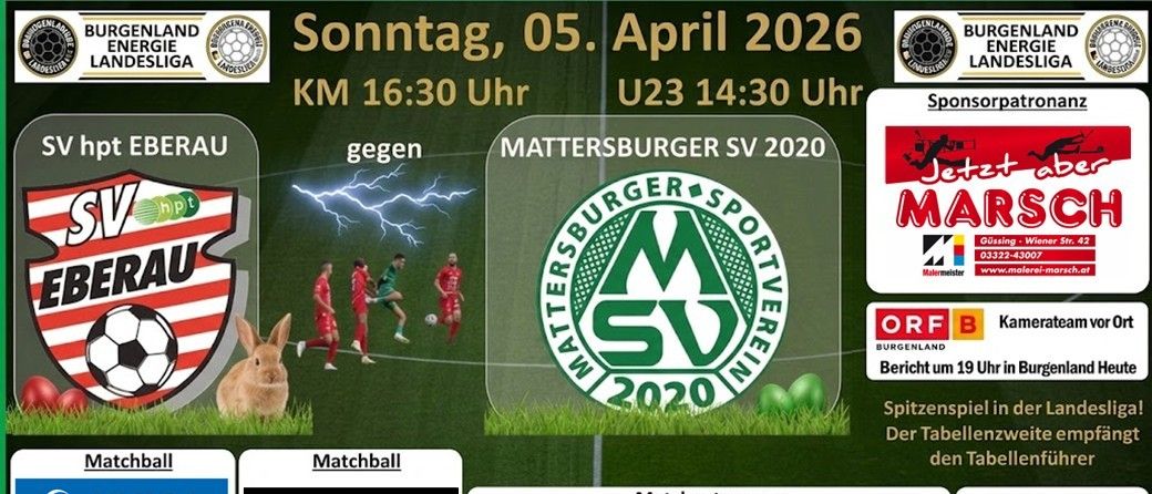 Plakat für ein Fußballspiel am 5. April 2026 mit Teams und Sponsoren. Das Plakat zeigt ein Fußballfeld mit Spielern und Logos.