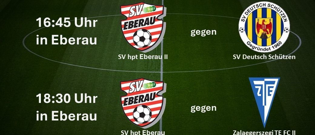 Ein Fußballfeld mit zwei Teamlogos und Spielzeiten. SV hpt Eberau II spielt gegen SV Deutsch Schützen um 6:45 und 8:30.