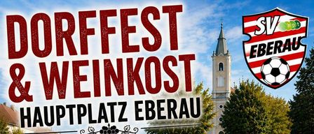 Plakat für eine Gemeinschaftsveranstaltung am 2. August 2026 auf dem Hauptplatz Eberau. Es enthält einen Zeitplan mit einer Heiligen Messe um 09:30 Uhr, gefolgt von einem Frühstück mit MV Eberau um 10:30 Uhr und einem Reis-Wizzling-Turnier um 14:30 Uhr. Das Plakat zeigt auch ein Bild eines Sprungburgs und Weingläser.