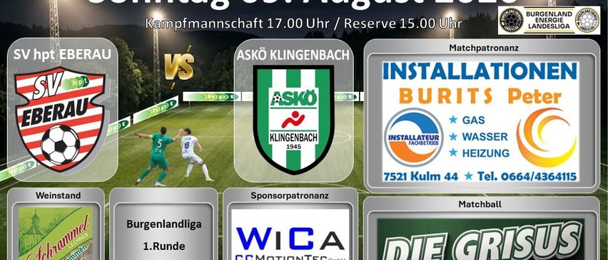 Fußballspiel-Ankündigung für den 9. August 2026 mit den Teams Rau und Klingenbach. Das Spiel ist für 17 Uhr angesetzt, mit einem Reservespiel um 15 Uhr. Sponsoren sind Installation Burits und WIC A CC Motiontec GmbH.