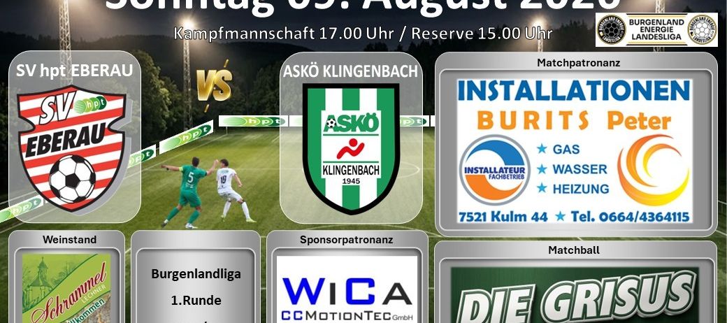 Fußballspiel-Ankündigung für den 9. August 2026 mit den Teams Rau und Klingenbach. Das Spiel ist für 17 Uhr angesetzt, mit einem Reservespiel um 15 Uhr. Sponsoren sind Installation Burits und WIC A CC Motiontec GmbH.