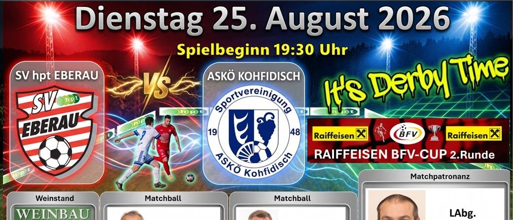 Ein Plakat für ein Fußballspiel am Dienstag, 25. August 2026, mit zwei Teams, Spielern und Offiziellen. Das Spiel beginnt um 19:30 Uhr.