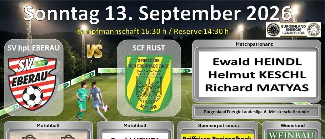 Plakat für das Fußballspiel SCF Rust gegen RAU am 13. September 2022 mit Matchdetails und Sponsoren aufgeführt.
