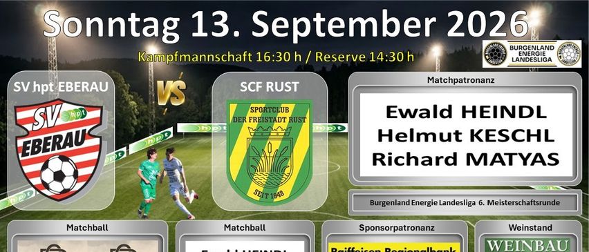Plakat für das Fußballspiel SCF Rust gegen RAU am 13. September 2022 mit Matchdetails und Sponsoren aufgeführt.