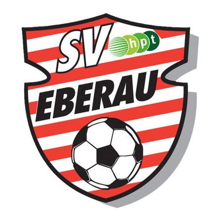 Ein schildförmiges Logo eines Fußballvereins für SV Eberau mit einem Fußball in der Mitte, auf schwarzem Hintergrund mit roten und weißen Streifen.