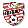 Ein schildförmiges Logo eines Fußballvereins für SV Eberau mit einem Fußball in der Mitte, auf schwarzem Hintergrund mit roten und weißen Streifen.