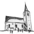 Eine Schwarz-Weiß-Skizze einer Kirche mit einem Turm und einem Kreuz an der Fassade. Die Kirche hat eine rechteckige Form mit einem spitzen Dach und mehreren Fenstern.