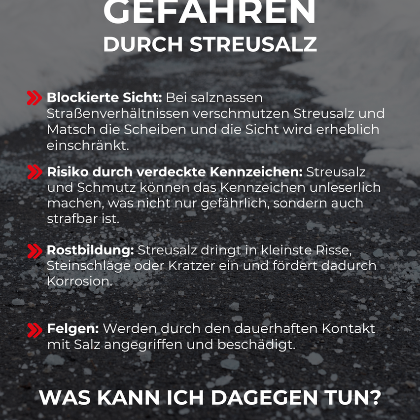 Ein Bild mit schwarzem Hintergrund und weißem Text beschreibt die Gefahren von Salz. Es erwaehnt blockierte Sicht, versteckte Zeichen, Korrosion und Beschaedigung von Oberflaechen. Der Titel lautet 'Gefahren durch Streusalz'.