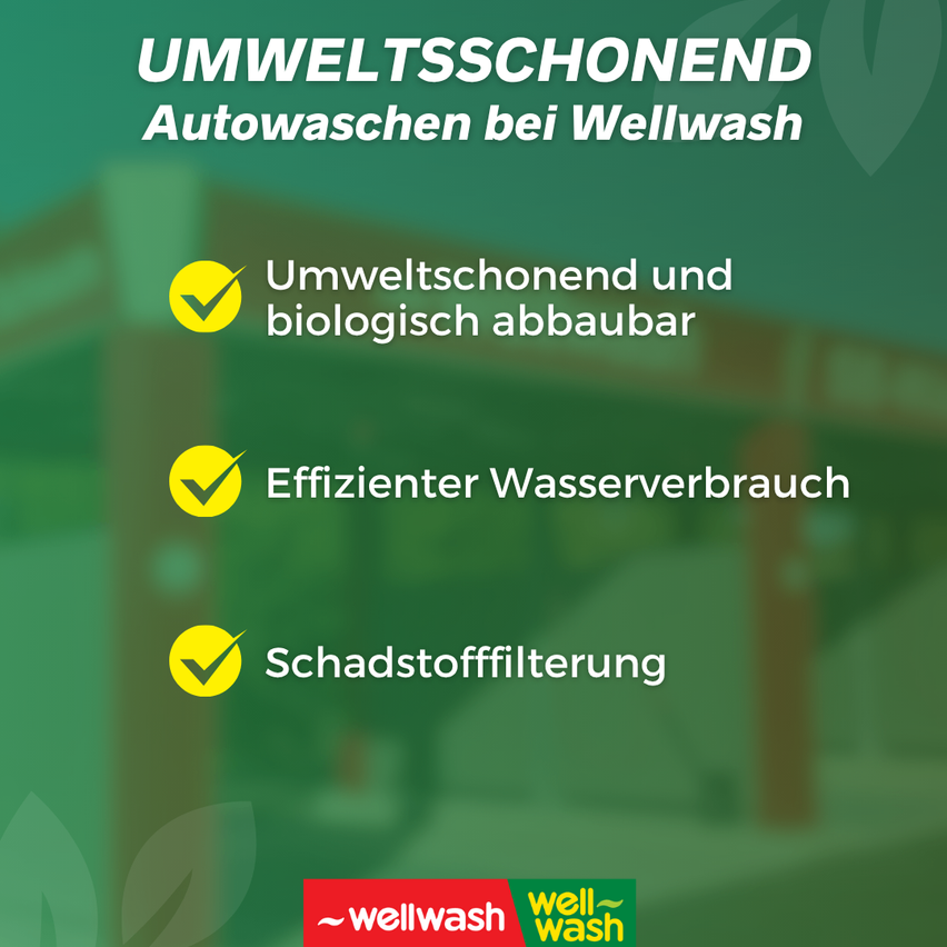 Green advertisement for Wellwash car washes. Highlights include environmentally friendly, biodegradable, efficient water use, and pollutant filtration. Features Wellwash logo.