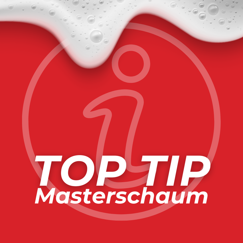 Ein roter Plakat mit weißem Wassertropfeneffekt und einem stilisierten Personensymbol, zeigt 'Top Tip' und darunter 'Masterschaum'.