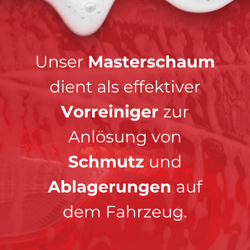 Ein roter Hintergrund mit Text, der besagt, dass ein Produkt als effektiver Reiniger dient, um Schmutz und Ablagerungen am Fahrzeug zu entfernen.