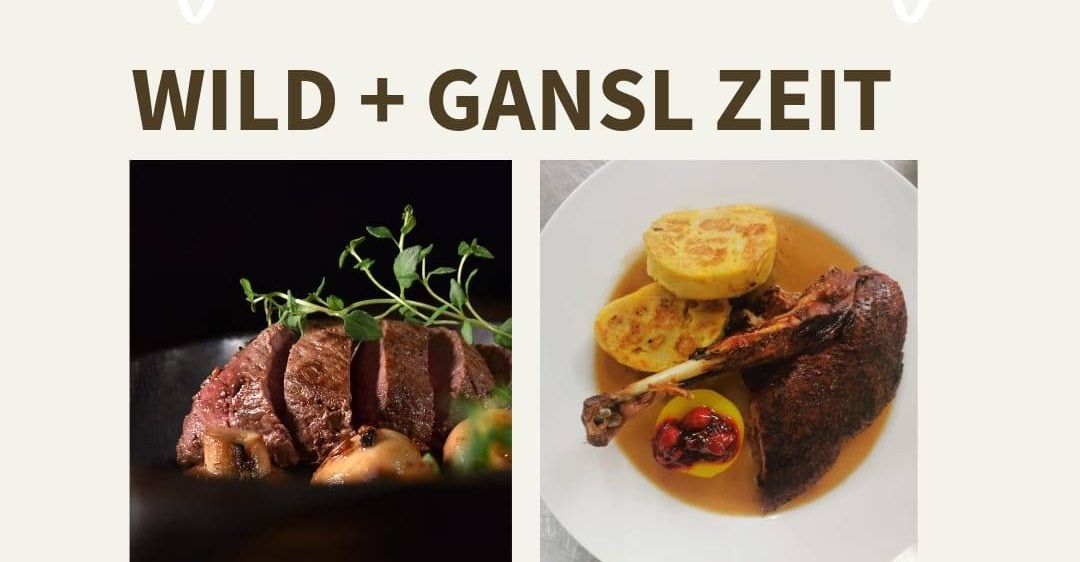 Ein Poster zeigt zwei Gerichte aus dem Restaurant Malerwinkel. Das erste Gericht ist ein Steak mit Kräutern, das zweite ist ein gebratenes Wildschenkel mit Gemüse. Unter den Bildern steht eine Einladung zur Reservierung.