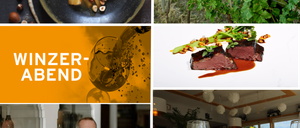 Eine Collage von Bildern, die ein Restaurant und seine Angebote zeigt. Es zeigt einen Teller mit Essen, eine Person in einem Weinberg, ein Weinglas und eine Tischdekoration.