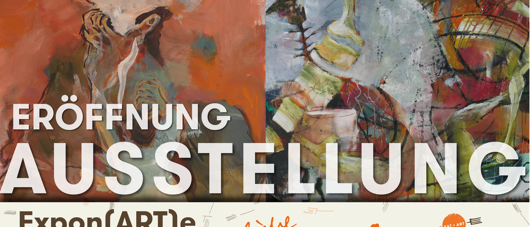 Ein lebendiges abstraktes Gemälde in orange und grünen Tönen. Der Text lautet 'ERFFNUNGUS STELLUN' und 'n(ART)e'. Unten eine persönliche Einladung mit dem Datum '1.25'. Rechts unten steht 'Malere' und 'Restaurant'.
