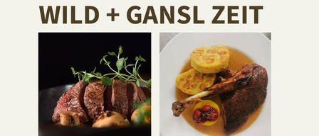 Ein Poster zeigt zwei Gerichte, eines mit einem Steak mit Kräutern und das andere mit gebratenem Fleisch mit Gemüse. Es ist für Malerwinkel, ein Restaurant, Kunsthotel und Weinkeller. Es steht 'Wild + Gansl Zeit' und lädt zur Reservierung ein.