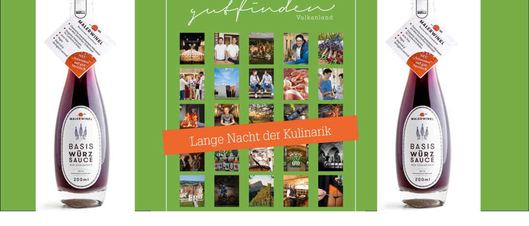 Plakat für die Veranstaltung 'Lange Nacht der Kulinarik' mit Bildern von Menschen, Essen und Wein. Die Veranstaltung findet am 21. März 2026 von 18 bis 24 Uhr statt.