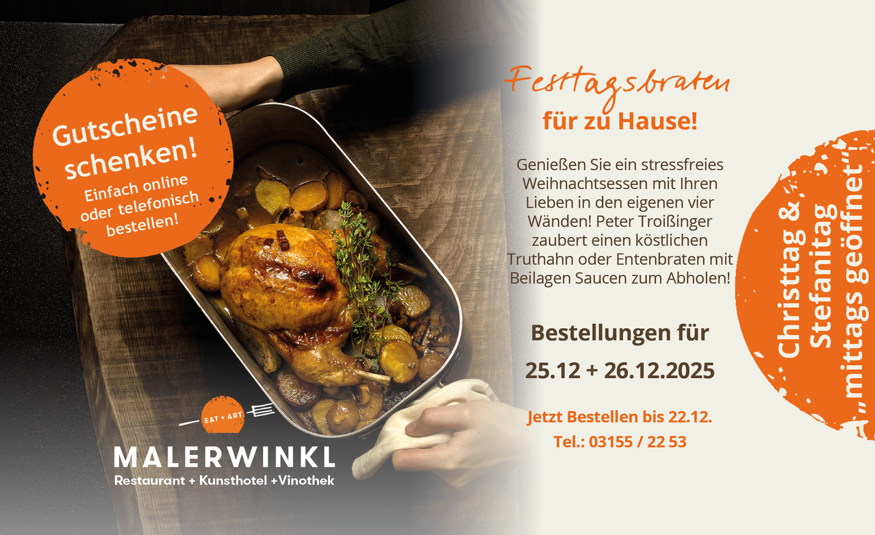 Werbebild für Festtagsbraten, zeigt eine Schale mit gebratener Truthahn mit Gemüse und einem Aufruf, bis 22.12. zu bestellen.