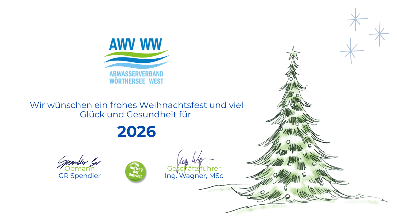 Christmas card from the Wörthersee West Water Association. It wishes a happy holiday season and good health for 2026. The card features a decorated Christmas tree and a signature.