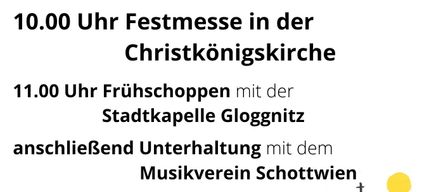 Plakat für das Pfarrfest am Sonntag, 31. Mai 2026, mit einer Kirche und Veranstaltungen wie einer Messe, Frühstück, Kinderspielen, Getränken, Essen und Weinverkostung.
