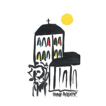 Eine stilisierte Zeichnung einer Kirche mit einem Kreuz auf der Spitze, umgeben von farbenfrohen Buntglasfenstern. Die Sonne scheint hell auf der rechten Seite.