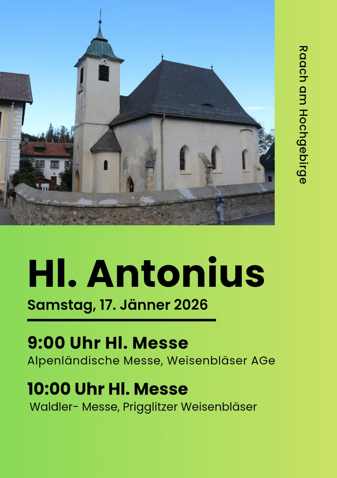 Poster with a church image on a green background. Text reads: HI. Antonius, Saturday, January 17, 2026. Two masses scheduled at 9:00 and 10:00 AM.