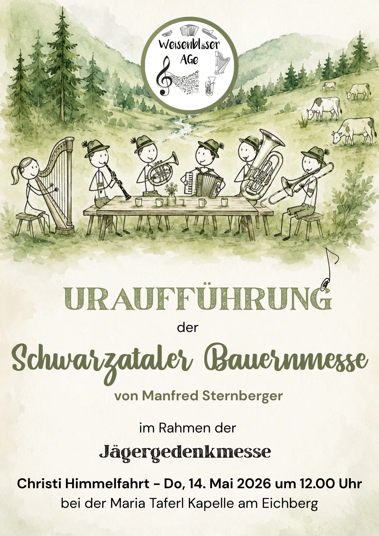 Eine Illustration von Musikern in einer Wiese mit einem Tisch und Noten. Der Titel lautet 'Uraufführung der Schwarzzatler Bauernmesse' von Manfred Sternberger.