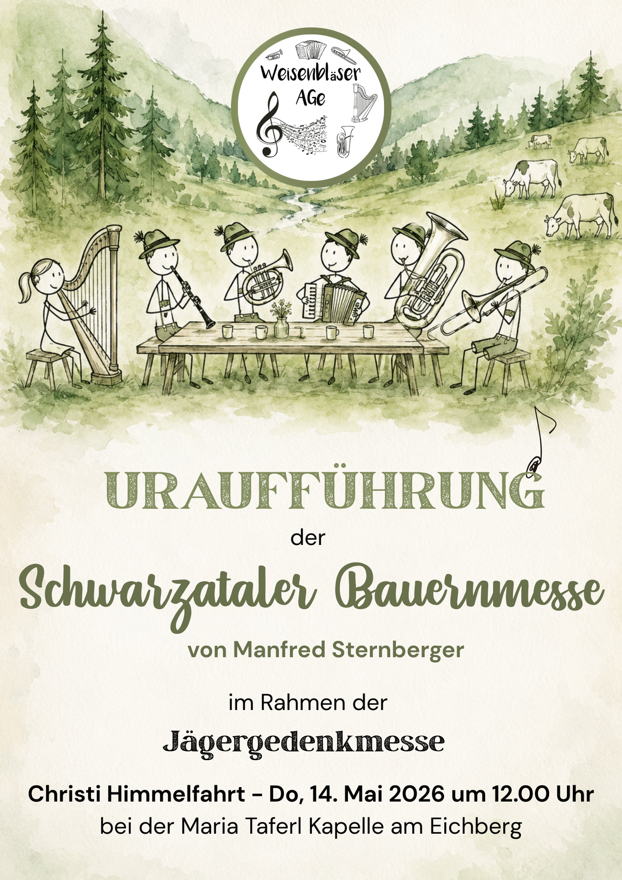 An illustration of musicians playing in a meadow with a table and musical notes. The title reads 'Uraufführung der Schwarzzatler Bauernmesse' by Manfred Sternberger.